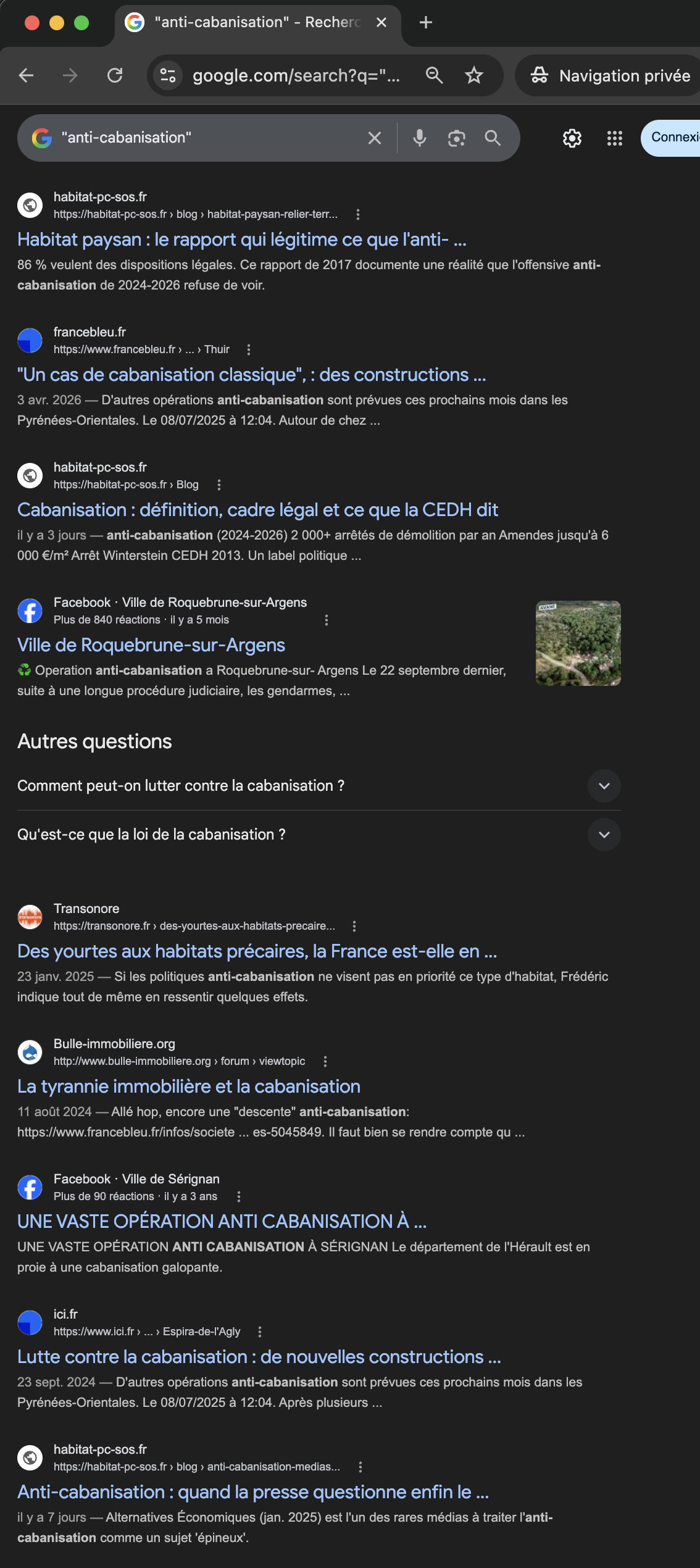 Capture Google SERP avril 2026 — recherche « anti-cabanisation » : habitat-pc-sos.fr occupe les positions n°1, n°3 et n°9, HaLEM absent