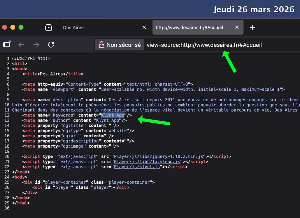 Capture d'écran de desaires.fr affichant du code HTML brut, indication Non sécurisé dans la barre d'adresse