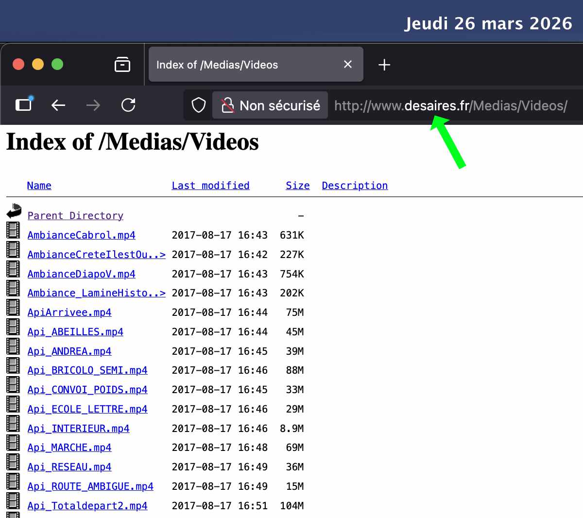 Capture d'écran du répertoire Index of /Medias/Videos de desaires.fr montrant tous les fichiers MP4 accessibles publiquement