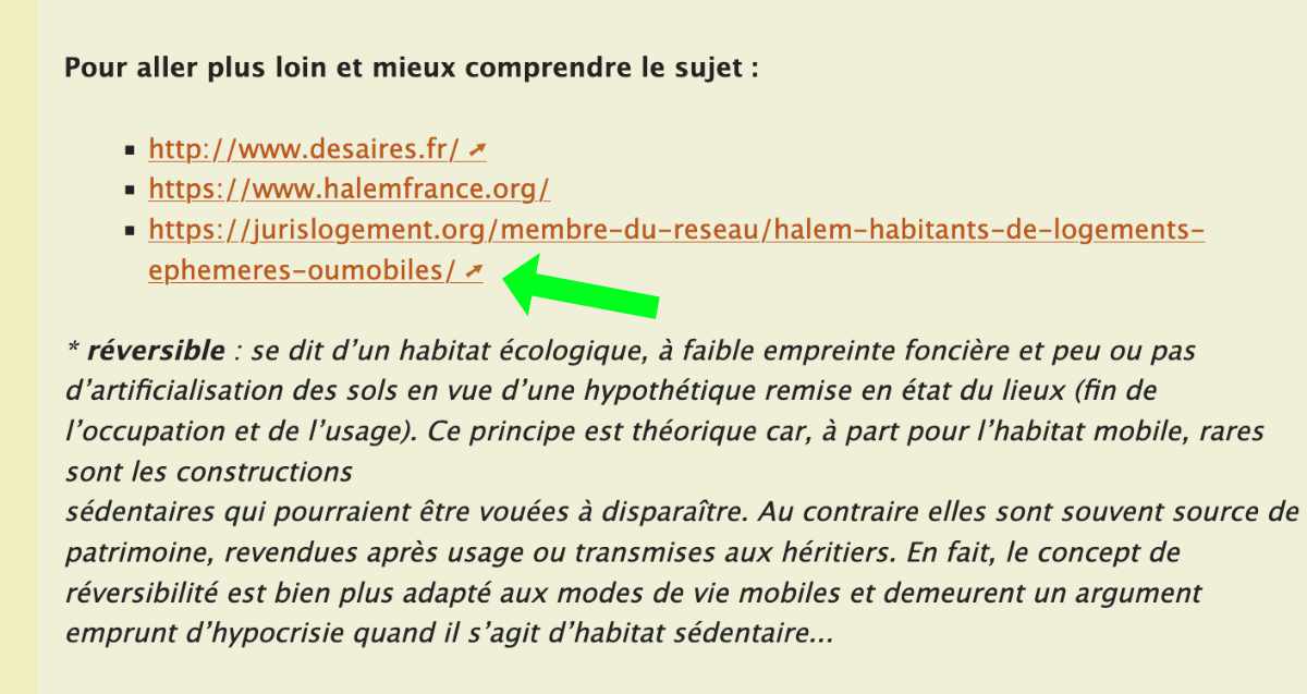 Capture d'écran détaillée de la page Points de vigilance montrant le 3ème lien erroné vers jurislogement.org avec le tiret manquant entre ou et mobiles