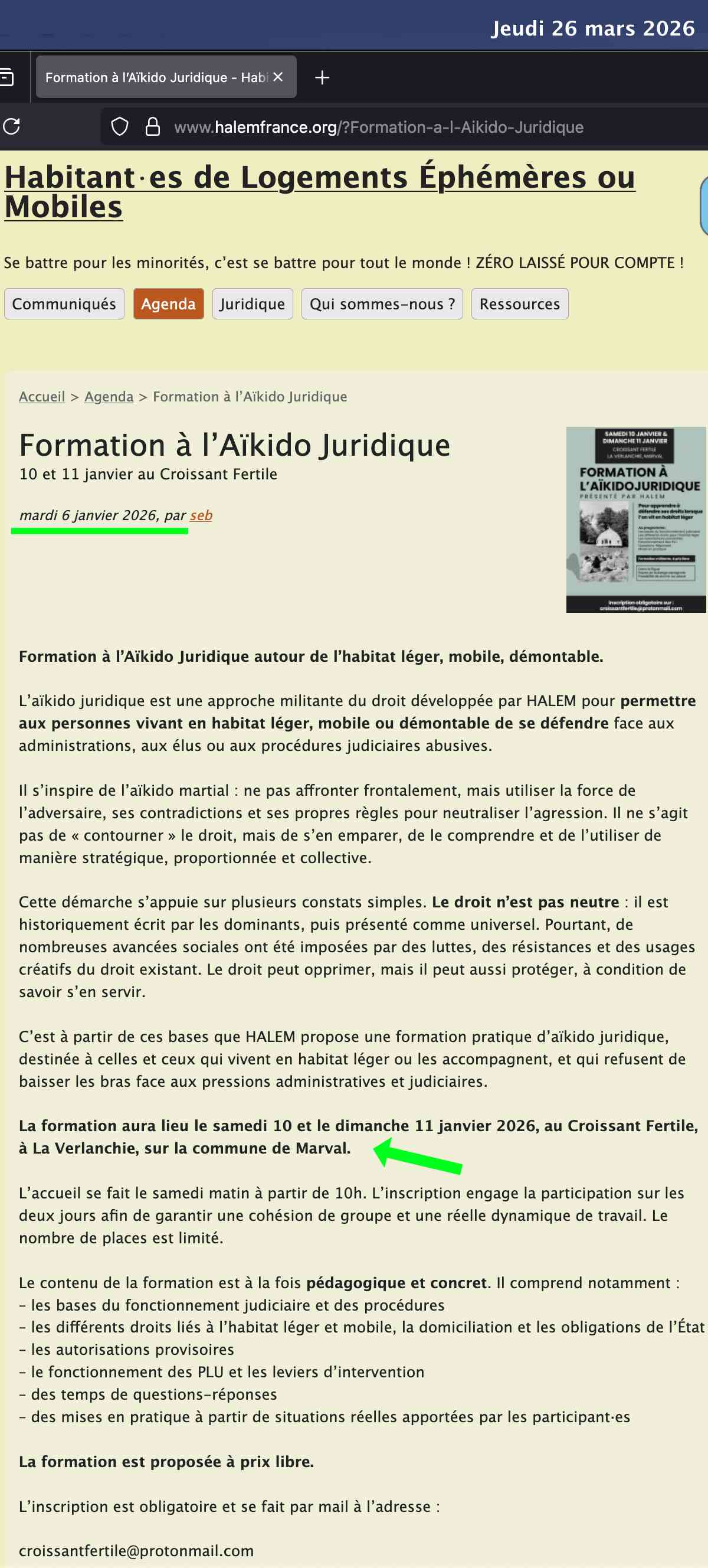 Page halemfrance.org annonçant la formation Aikido Juridique du 10 janvier 2026 à Marval sans code postal ni département, adresse incomplète pour un événement à portée nationale