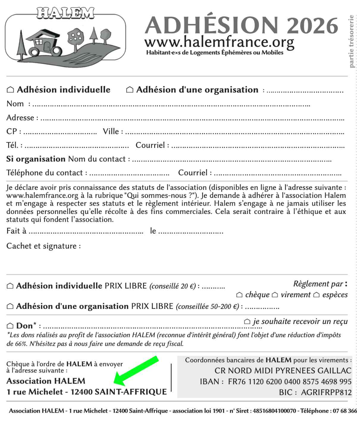 Bulletin d'adhésion HaLEM 2026 montrant l'adresse 1 rue Michelet 12400 Saint-Affrique, différente du siège social officiel