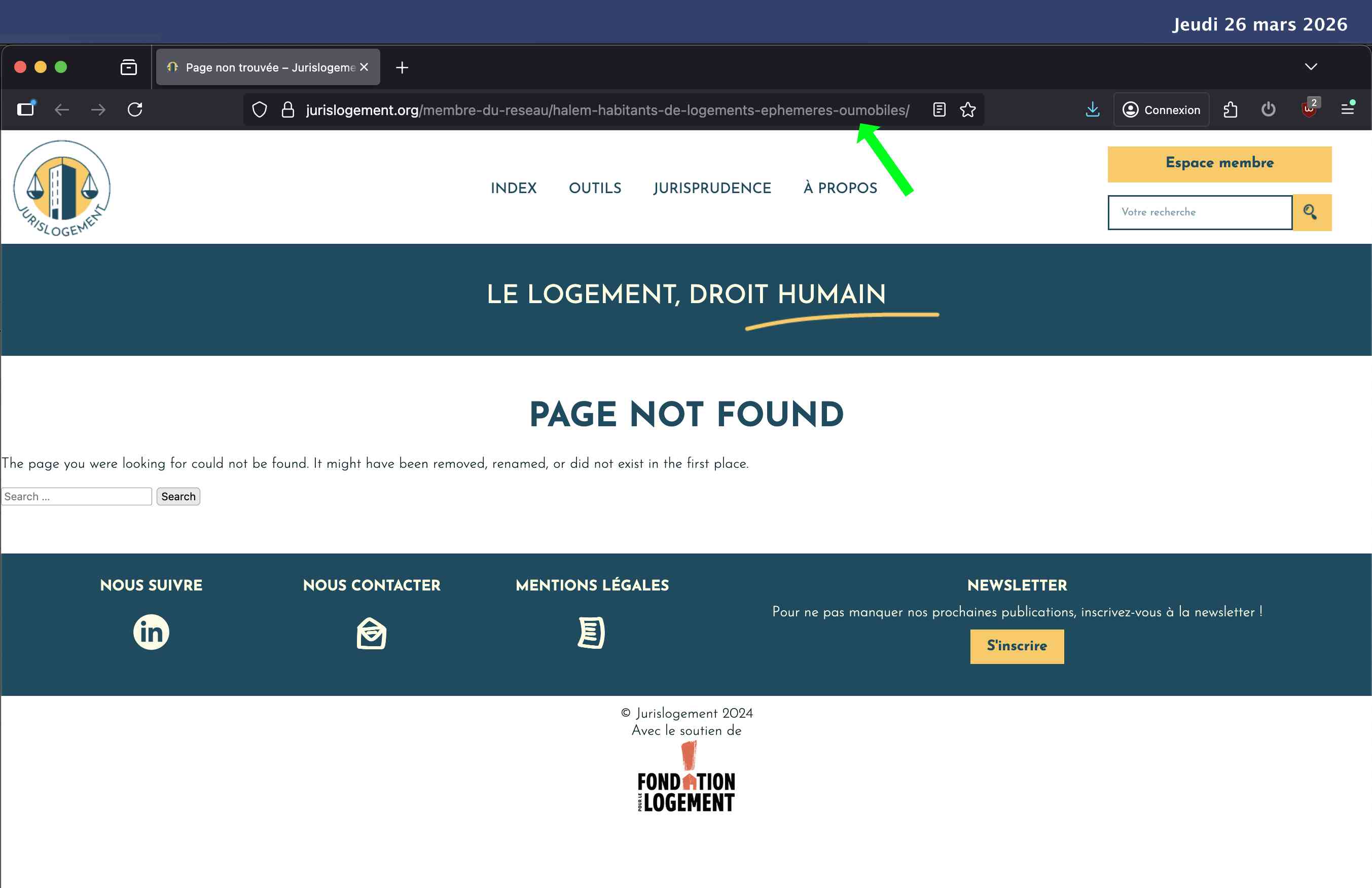 Page 404 de jurislogement.org affichant Page Not Found, causée par un tiret manquant dans l'URL publiée par HaLEM : ephemeres-oumobiles au lieu de ephemeres-ou-mobiles