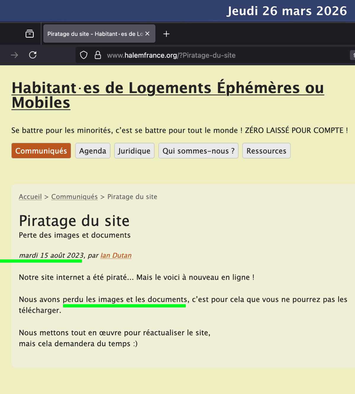 Capture d'écran de la page Piratage du site sur halemfrance.org datée du 15 août 2023 annonçant la perte des images et documents