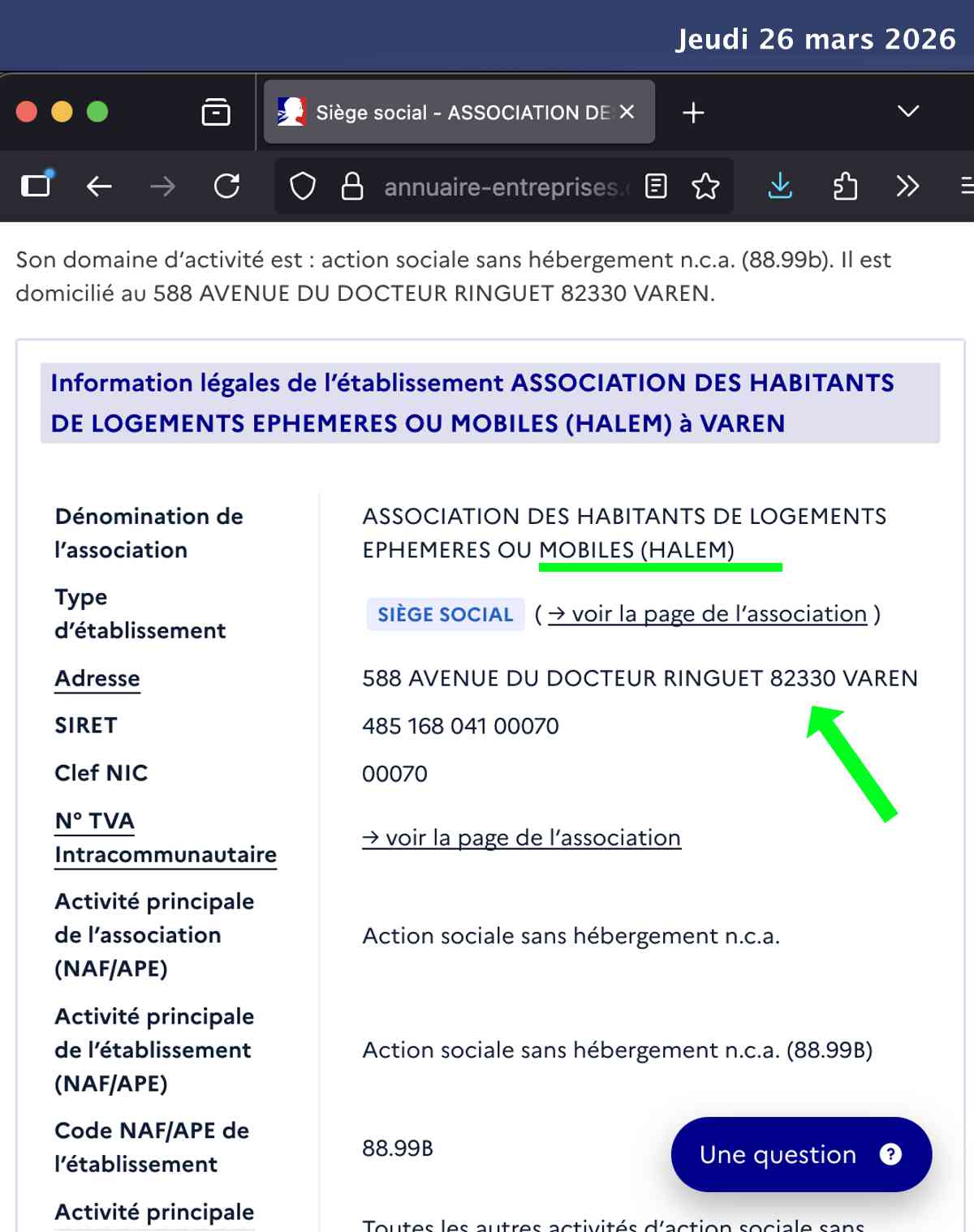 Capture d'écran d'annuaire-entreprises.gouv.fr montrant le siège social de HaLEM au 588 avenue du Docteur Ringuet 82330 Varen