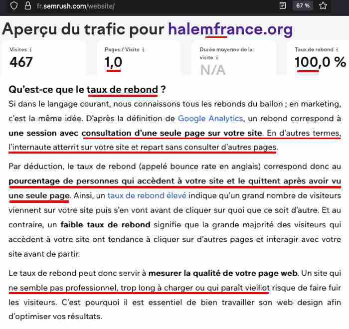 Détail Semrush du taux de rebond de 100 pour cent sur halemfrance.org, métrique connue de HaLEM depuis 6 mois sans action corrective