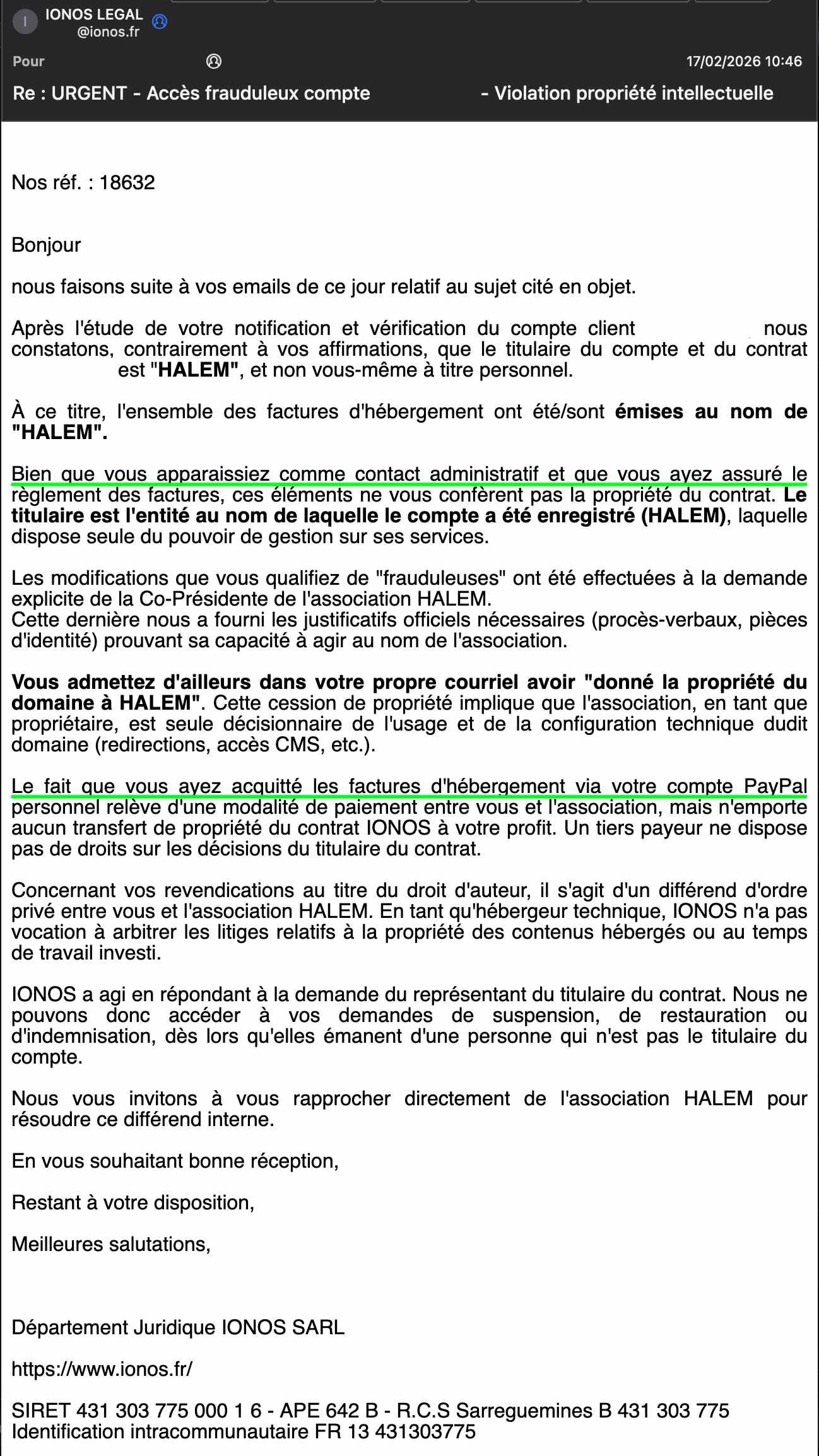 Confirmation IONOS du transfert de contrôle du contrat d'hébergement et du domaine halem.fr, attestant la prise de contrôle forcée par le conseil d'administration