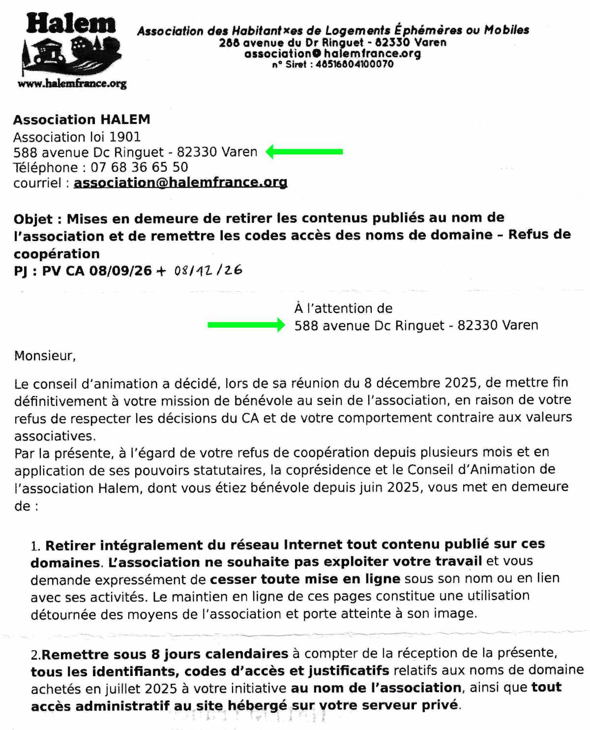 Lettre recommandée avec accusé de réception du CA de HaLEM du 15 décembre 2025 sommant de remettre les codes d'accès au backend TYPO3 du site halem.fr