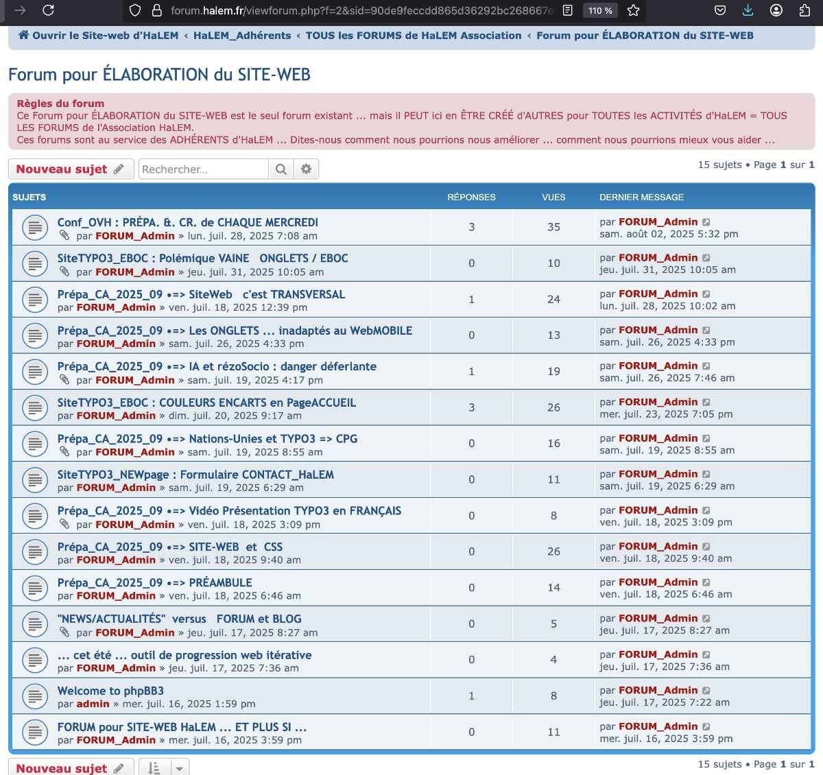 Capture d'écran du forum technique ÉLABORATION du SITE-WEB sur le site TYPO3 halem.fr, datée du 2 août 2025. Liste de 17 sujets techniques détaillés : préparation et CR de chaque mercredi, polices VHOME, onglets EBOC, structure CSS transversale, adaptation mobile MobiMOBILE, couleurs en page ACCUEIL, grilles en TYPO3 CPG, formulaire contact, vidéo présentation en français, SITE-WEB et CSS, préambule, activation forums et blog. Tous les posts sont du constructeur. Aucune réponse d'un membre du CA.