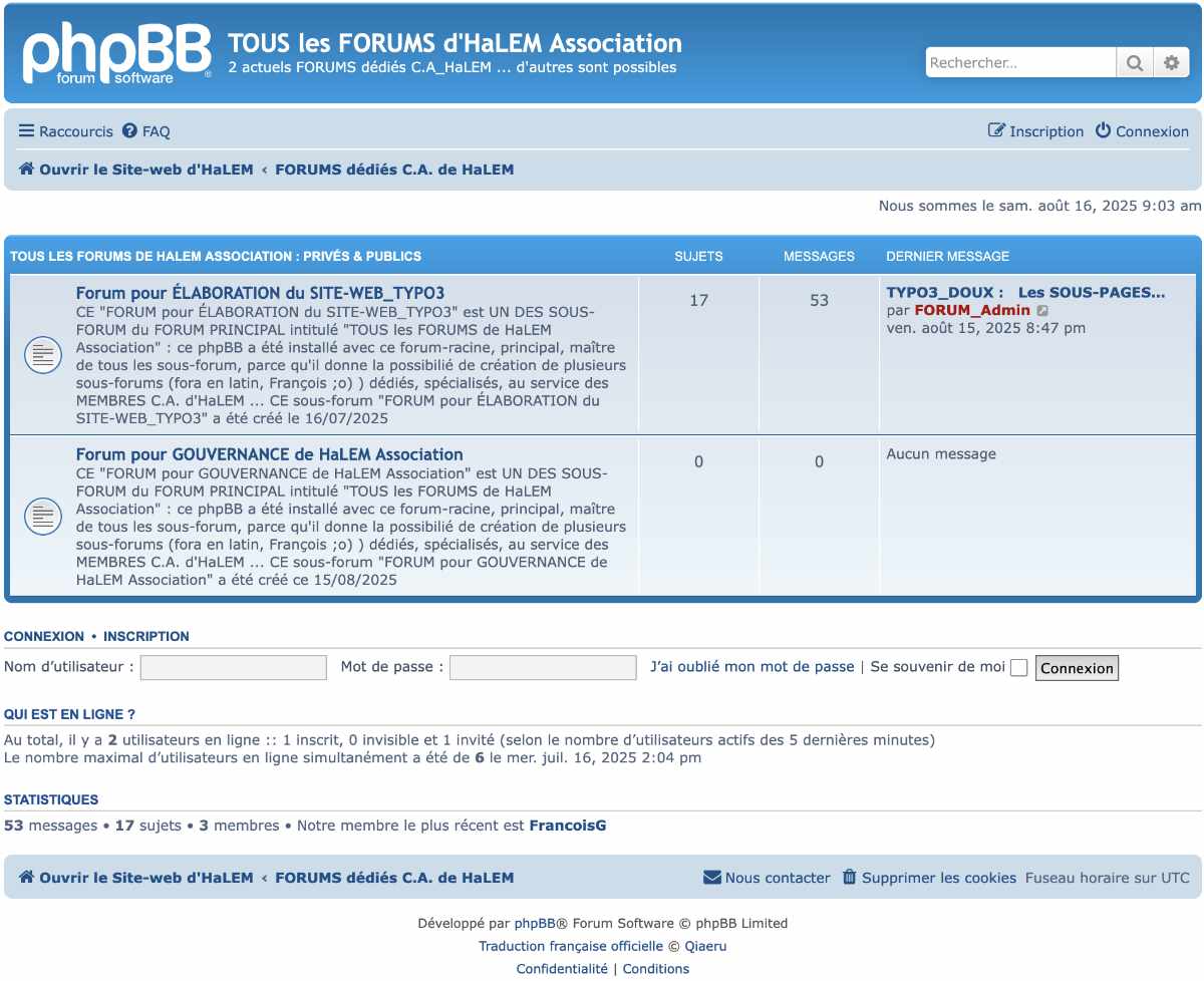 Capture d'écran de la page index du forum phpBB intégré au site TYPO3 halem.fr, datée du 16 août 2025. On y voit deux forums créés pour structurer le débat au sein de HaLEM : le Forum pour ÉLABORATION du SITE-WEB TYPO3 contenant 17 sujets et 53 réponses du constructeur, et le Forum pour GOUVERNANCE de HaLEM Association resté complètement vide. Preuve que l'outil de dialogue existait mais que le CA a refusé de l'utiliser.