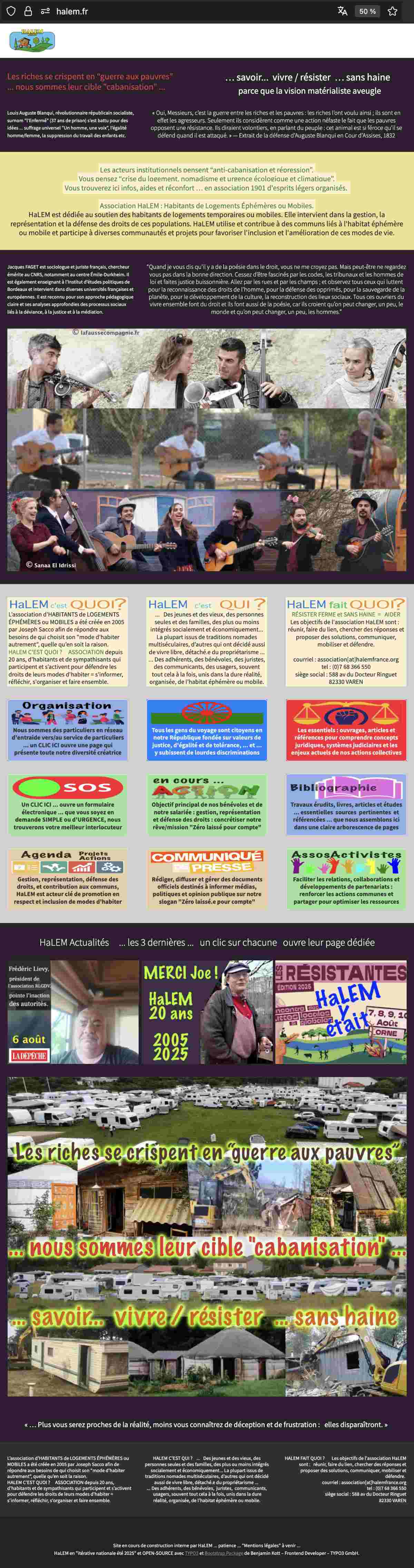 Capture d'écran de la page d'accueil du site halem.fr construit en TYPO3, datée du 26 août 2025. On y voit un site professionnel complet : photos d'événements HaLEM, arborescence de navigation avec sous-pages (Communiqués, Événements, Forum, Juridique, Portail de l'Habitat Léger), logos partenaires, hommage à Joe Sacco fondateur, et slogan anti-cabanisation. Construit bénévolement en 40 jours, détruit par le CA 6 mois plus tard.
