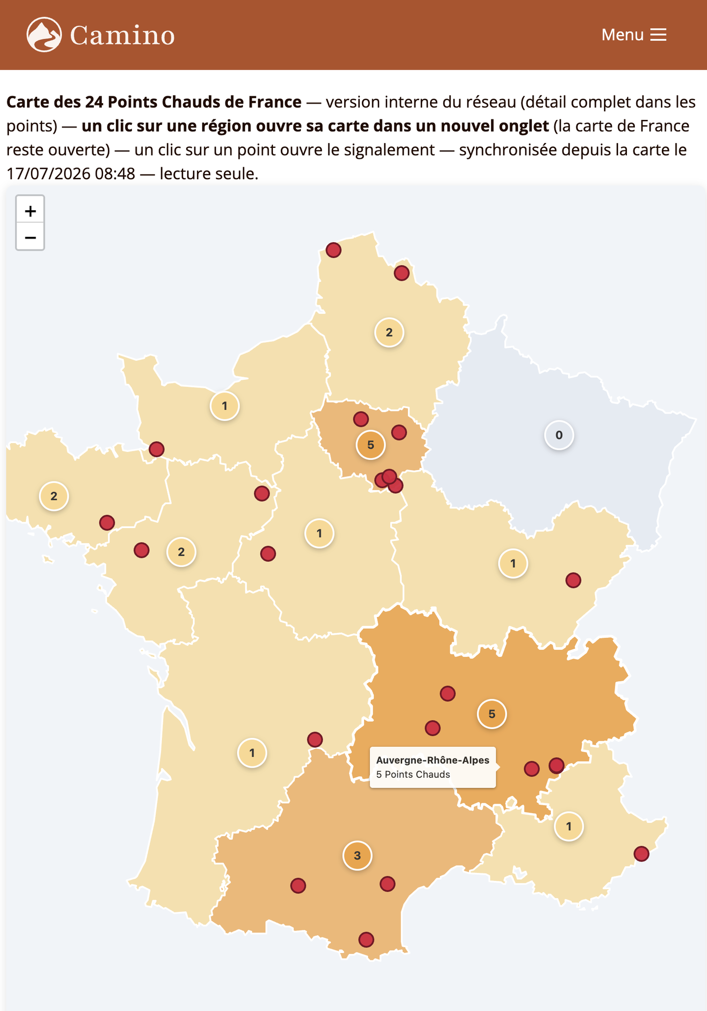 Carte interne des Points•Chauds de France, compteurs par région