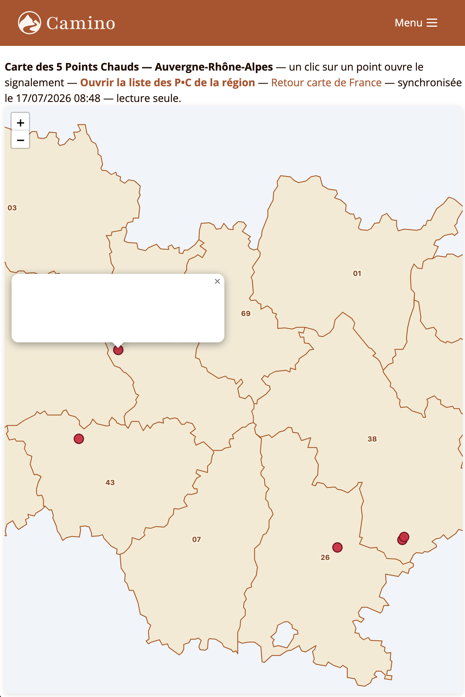 Carte régionale interne des Points•Chauds, fond de départements, popup anonymisé
