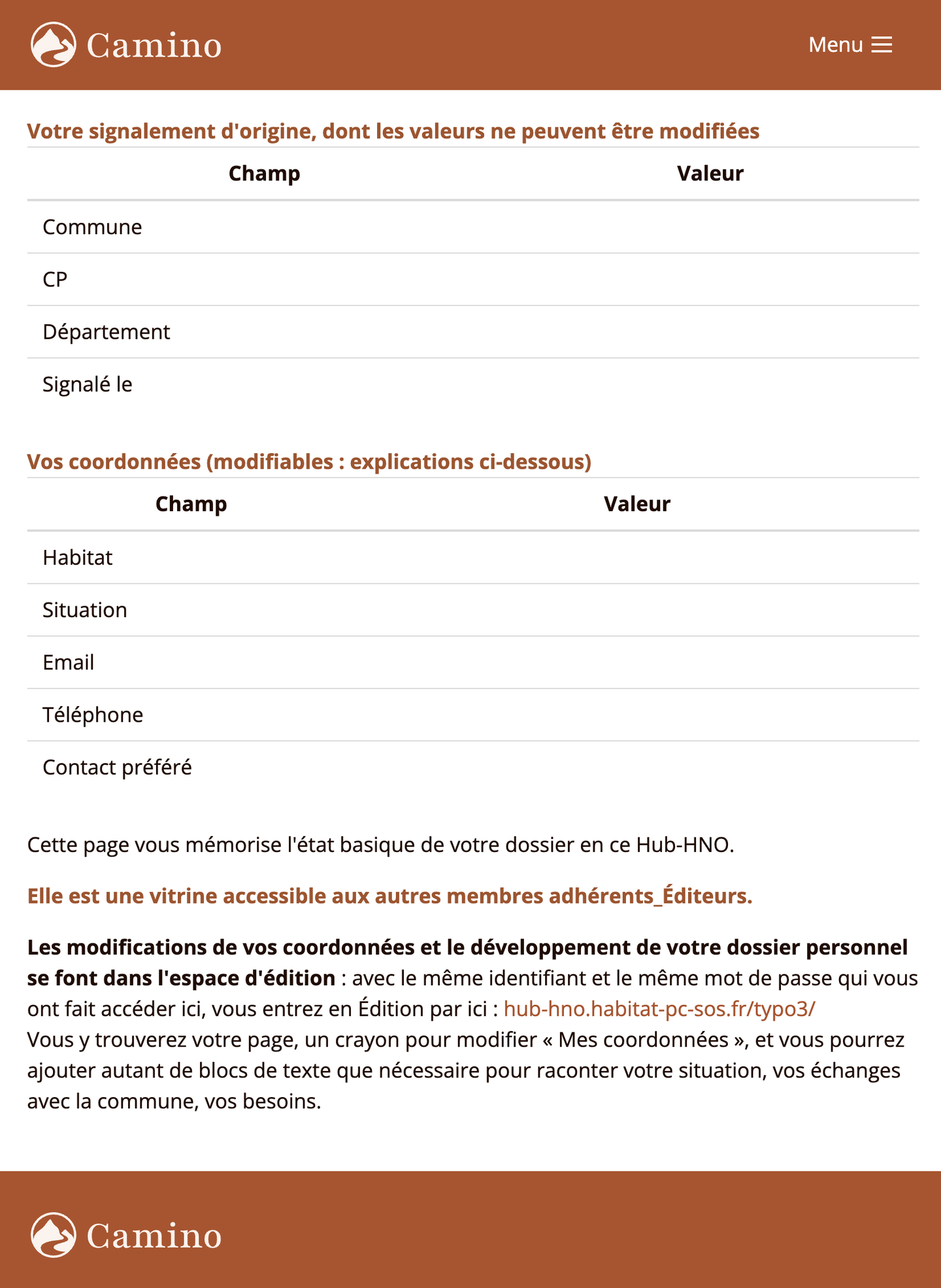 Page personnelle d'un adhérent Éditeur de l'intranet, champs affichés sans valeurs
