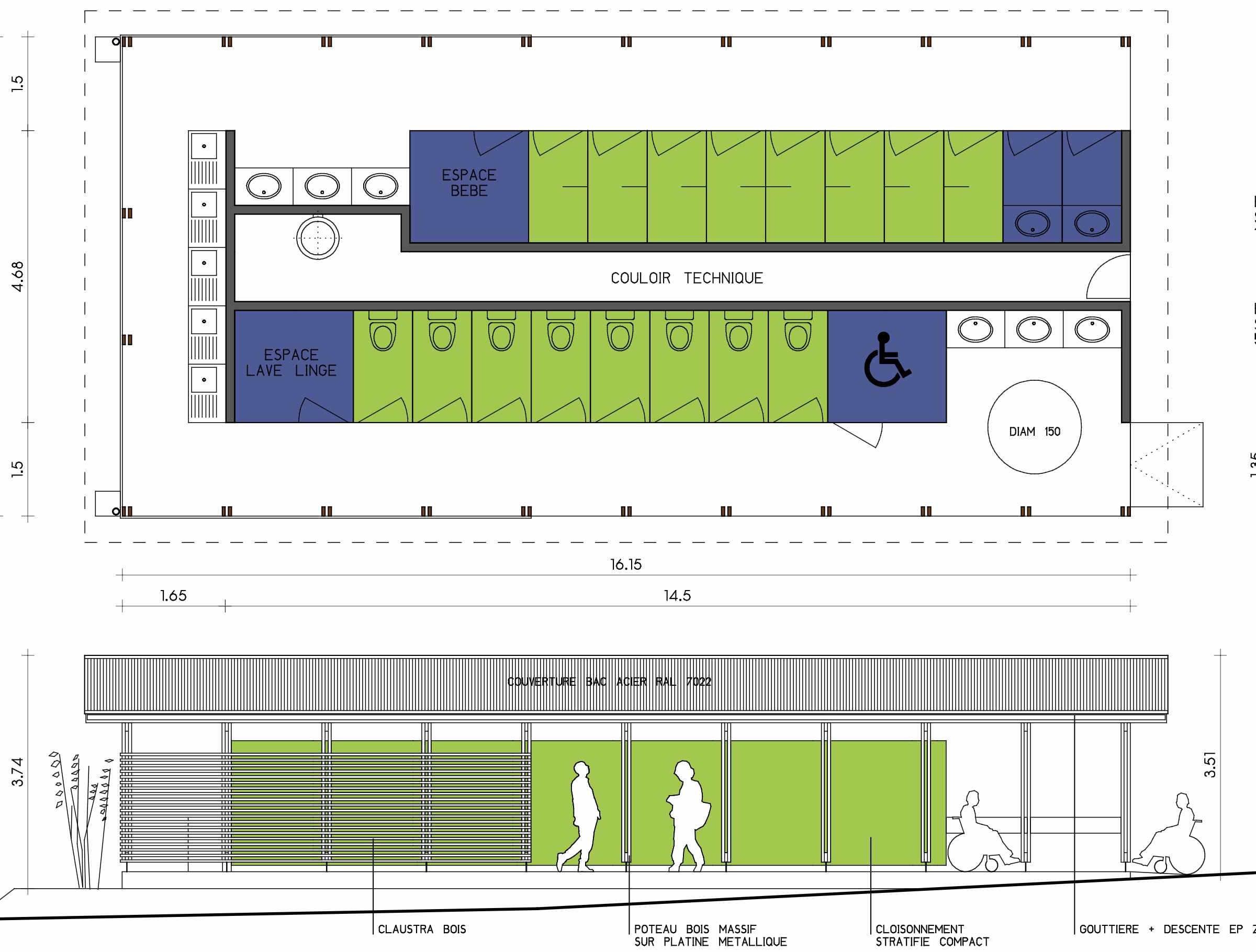 Plan architectural du bloc sanitaire — Zip Architecture, Grenoble, 2017, accessibilité PMR